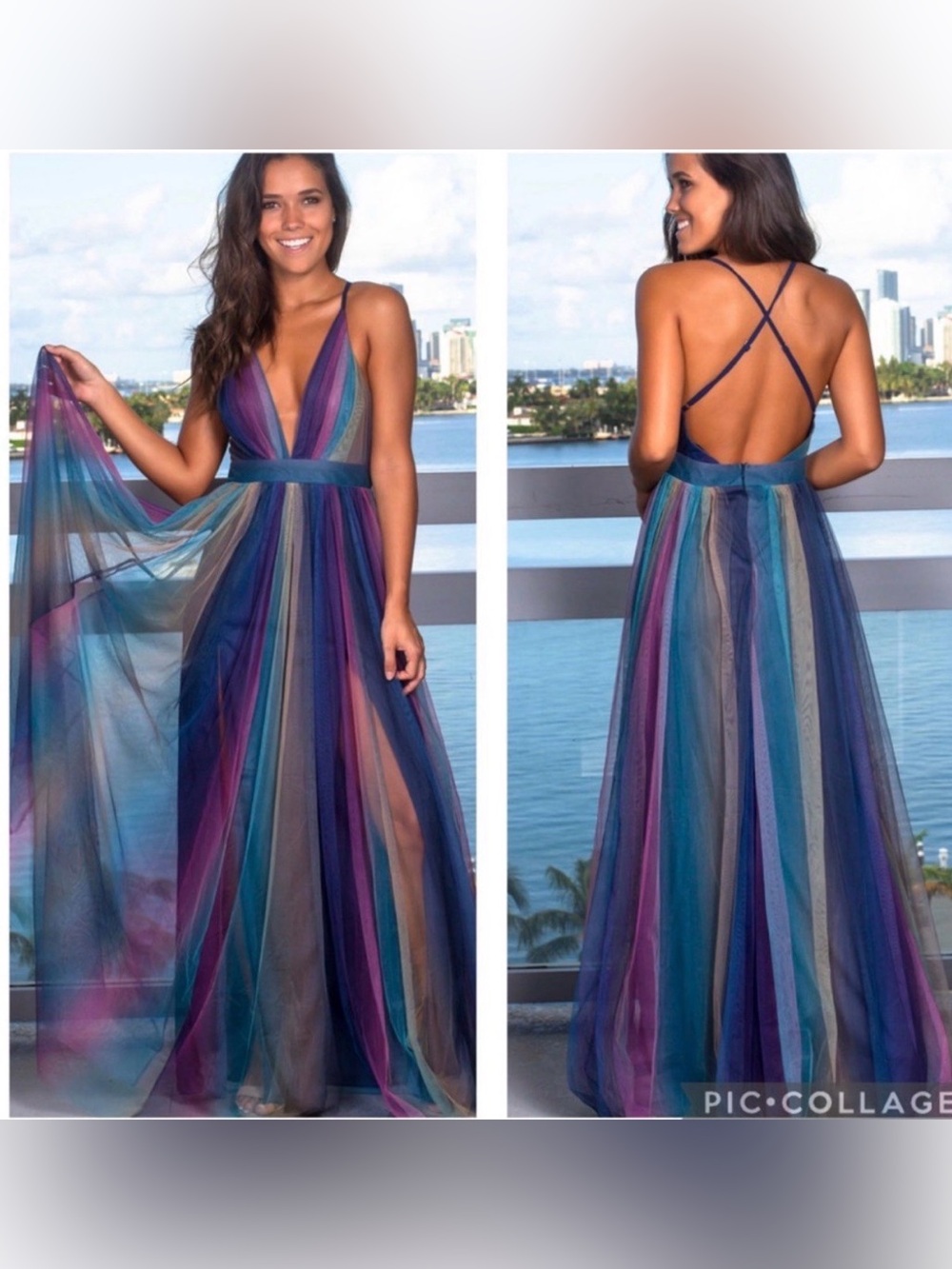 NWT Luxxel Rainbow Tulle Multi-Stripe V-Neck Maxi Dress - Blue/Purple Gra